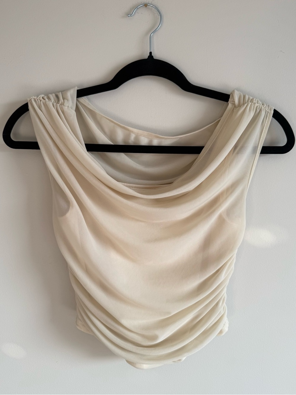 Cream Mesh Cowl Neck Ruched Top 90s Y2K Romantic Draped Tank
